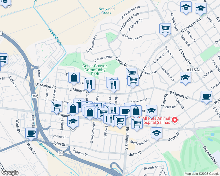map of restaurants, bars, coffee shops, grocery stores, and more near 721 East Market Street in Salinas