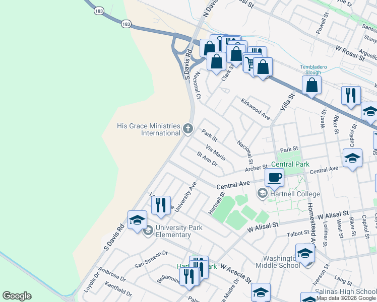map of restaurants, bars, coffee shops, grocery stores, and more near 847 Saint Ann Drive in Salinas