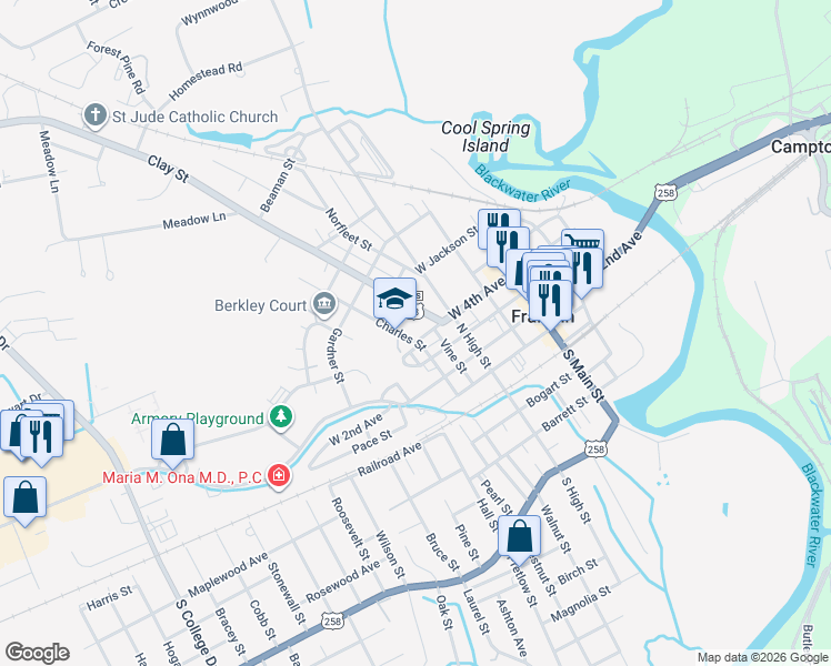 map of restaurants, bars, coffee shops, grocery stores, and more near 404 West 4th Avenue in Franklin
