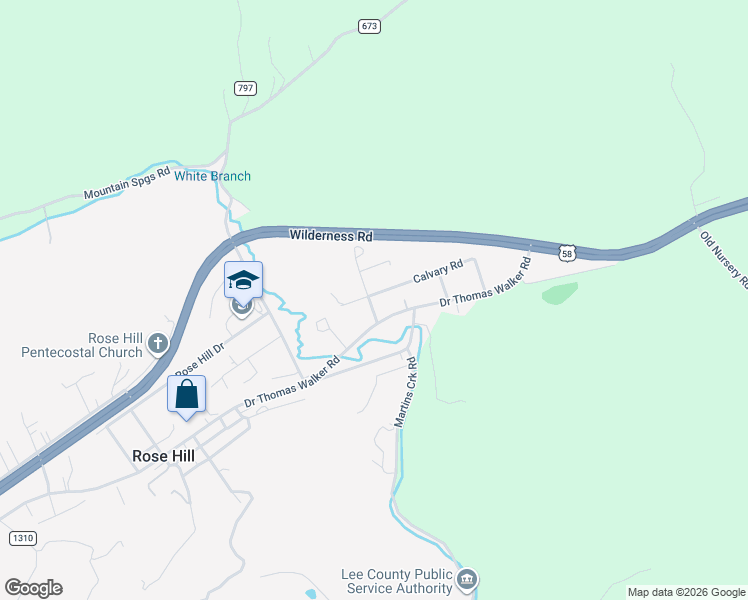 map of restaurants, bars, coffee shops, grocery stores, and more near Dr Thomas Walker Road in Rose Hill