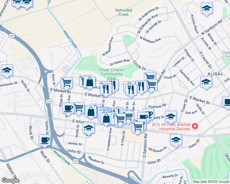 map of restaurants, bars, coffee shops, grocery stores, and more near 678 East Market Street in Salinas