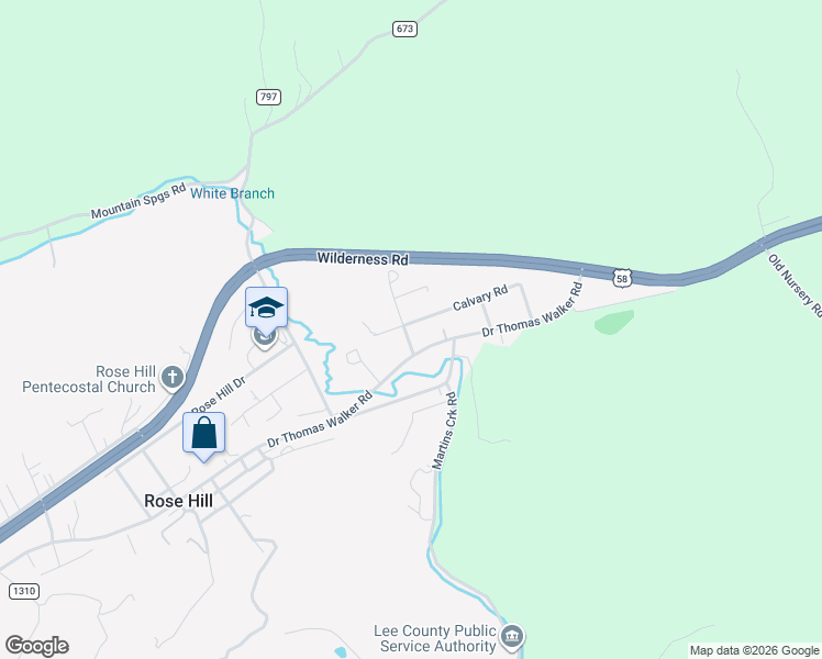 map of restaurants, bars, coffee shops, grocery stores, and more near Dr Thomas Walker Road in Rose Hill