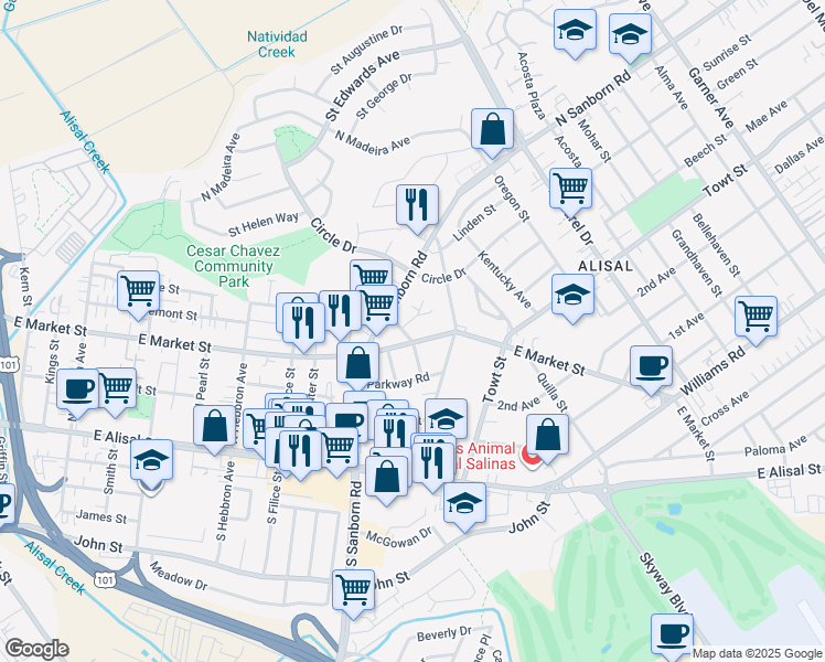 map of restaurants, bars, coffee shops, grocery stores, and more near 1060 East Market Street in Salinas