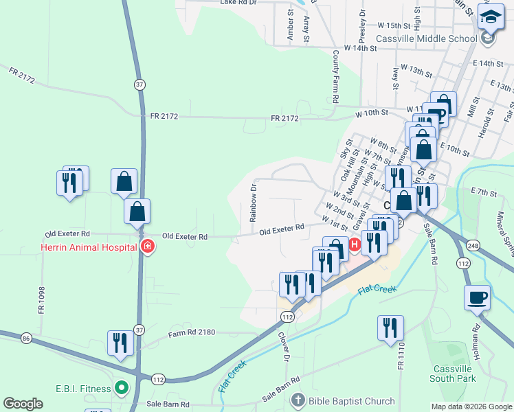 map of restaurants, bars, coffee shops, grocery stores, and more near 104 Rainbow Drive in Cassville