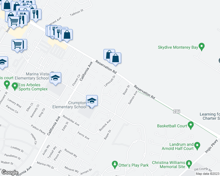 map of restaurants, bars, coffee shops, grocery stores, and more near 3143 Lelia Place in Marina
