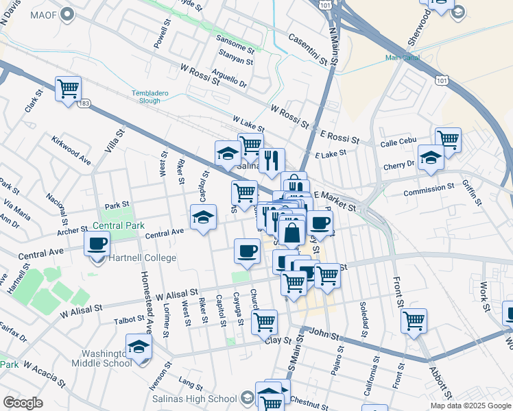 map of restaurants, bars, coffee shops, grocery stores, and more near 25 Lincoln Avenue in Salinas
