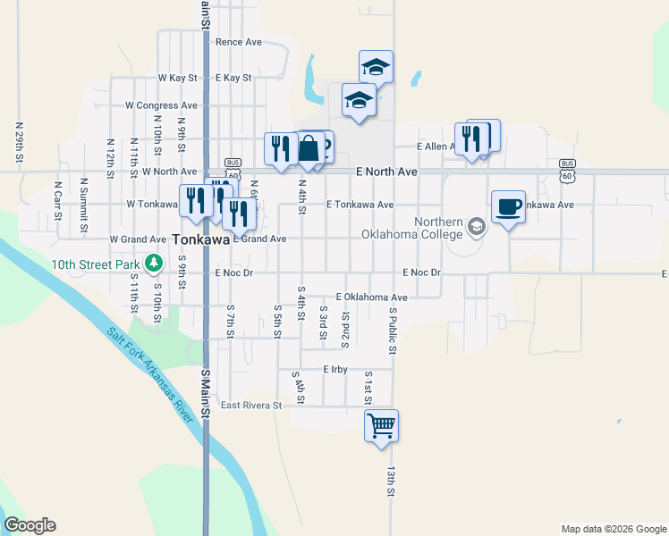map of restaurants, bars, coffee shops, grocery stores, and more near 609 East Grand Avenue in Tonkawa