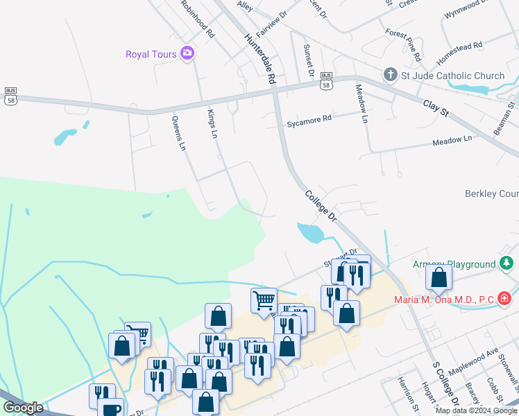 map of restaurants, bars, coffee shops, grocery stores, and more near 232 Kings Lane in Franklin
