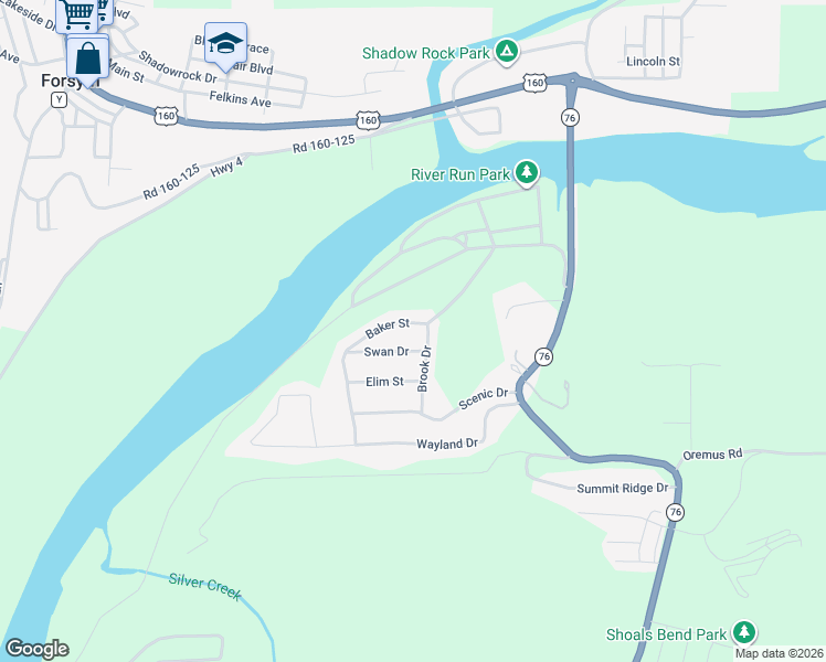 map of restaurants, bars, coffee shops, grocery stores, and more near 598 Baker Street in Forsyth