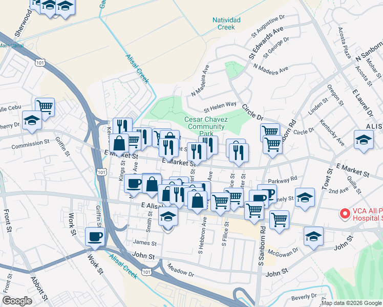 map of restaurants, bars, coffee shops, grocery stores, and more near 645 Fremont Street in Salinas