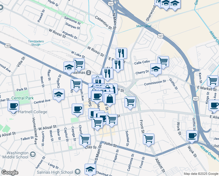 map of restaurants, bars, coffee shops, grocery stores, and more near 67 East Market Street in Salinas
