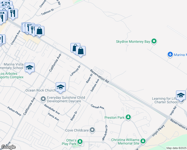 map of restaurants, bars, coffee shops, grocery stores, and more near in Marina