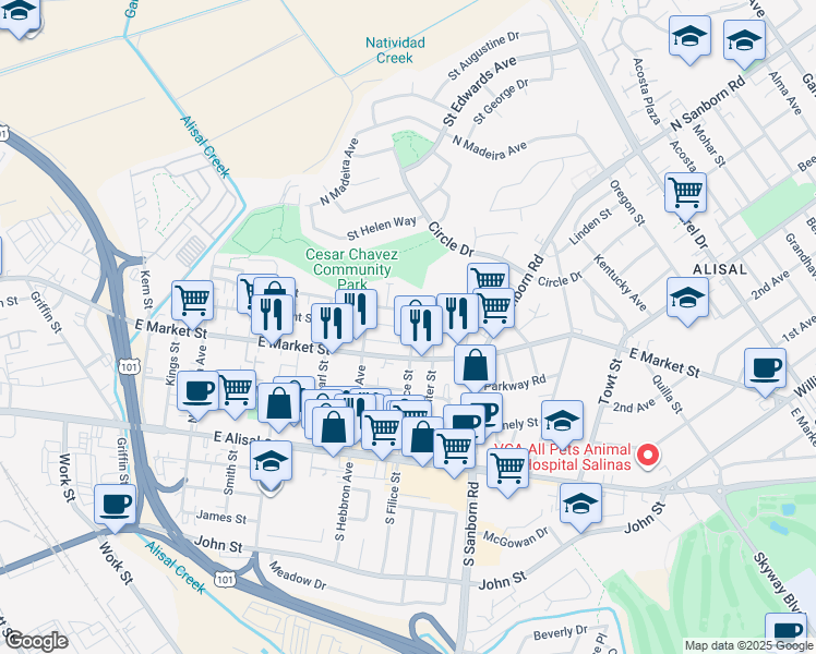 map of restaurants, bars, coffee shops, grocery stores, and more near 129 North Filice Street in Salinas
