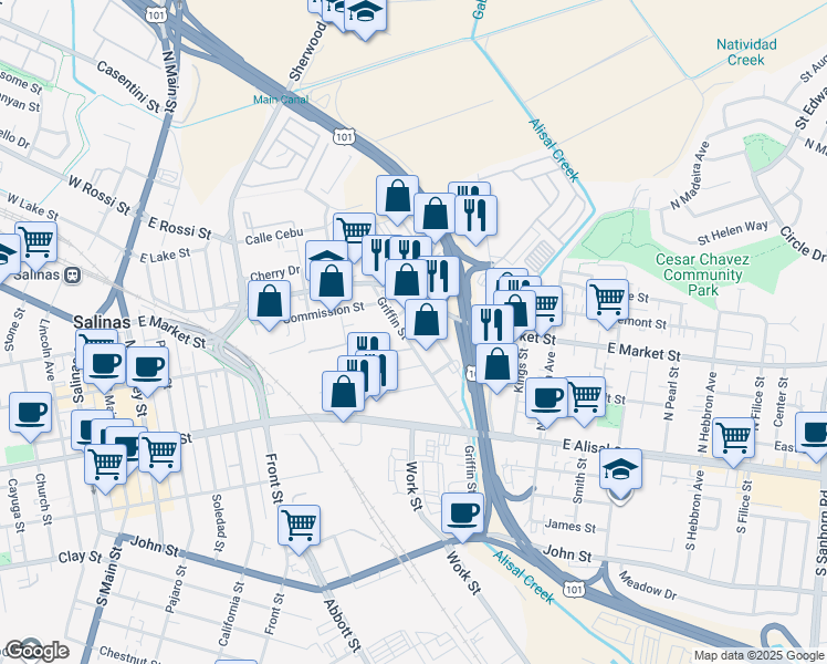 map of restaurants, bars, coffee shops, grocery stores, and more near 365 East Market Street in Salinas