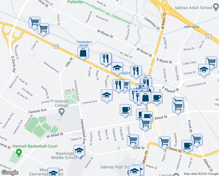 map of restaurants, bars, coffee shops, grocery stores, and more near 39 Capitol Street in Salinas