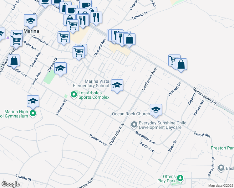 map of restaurants, bars, coffee shops, grocery stores, and more near 390 Carmel Avenue in Marina