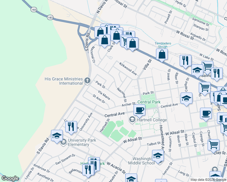 map of restaurants, bars, coffee shops, grocery stores, and more near 39 Nacional Street in Salinas