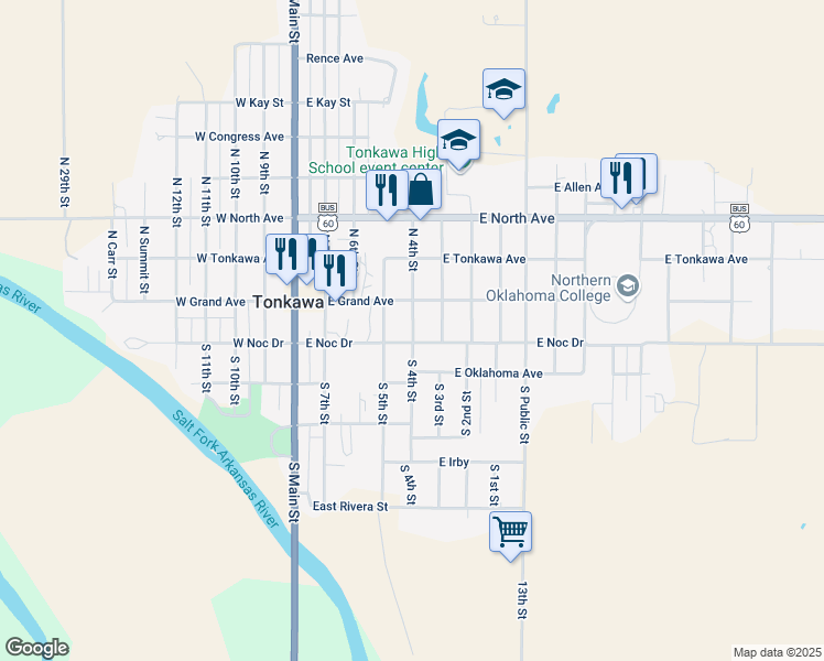 map of restaurants, bars, coffee shops, grocery stores, and more near 109 South 4th Street in Tonkawa