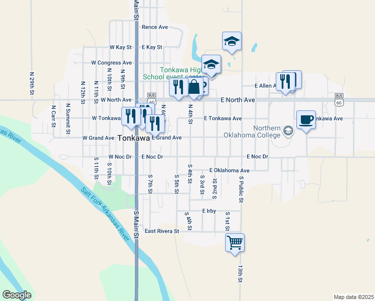 map of restaurants, bars, coffee shops, grocery stores, and more near 109 South 4th Street in Tonkawa