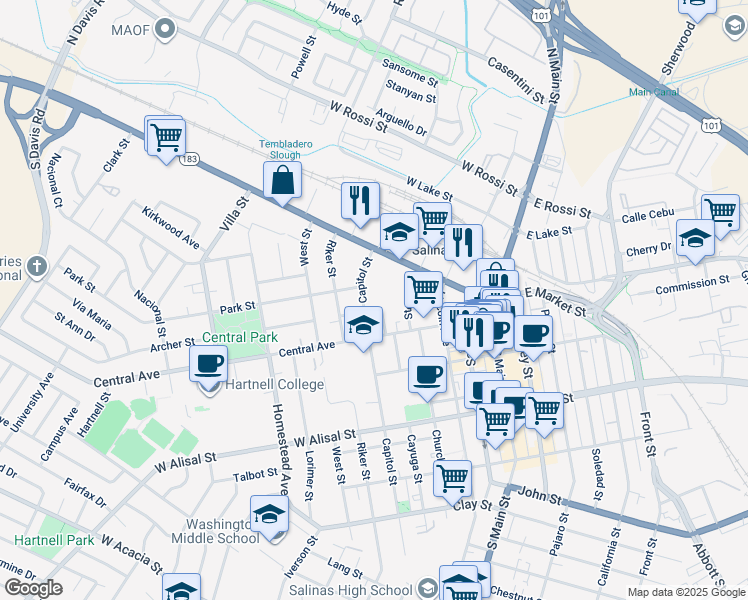 map of restaurants, bars, coffee shops, grocery stores, and more near 39 Capitol Street in Salinas
