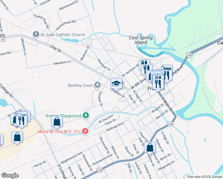 map of restaurants, bars, coffee shops, grocery stores, and more near 501 Charles Street in Franklin