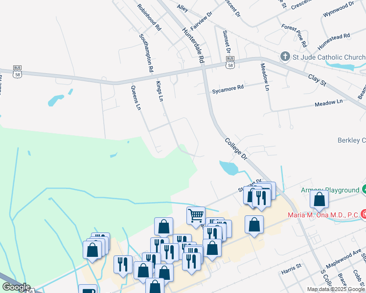 map of restaurants, bars, coffee shops, grocery stores, and more near 225 Kings Lane in Franklin