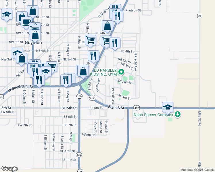 map of restaurants, bars, coffee shops, grocery stores, and more near 113 South Will Rogers Avenue in Guymon