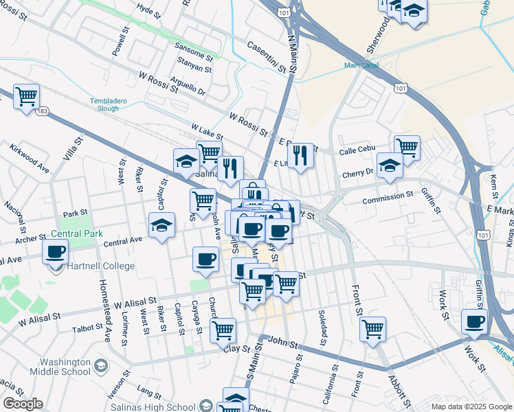 map of restaurants, bars, coffee shops, grocery stores, and more near 1-21 E Market St in Salinas