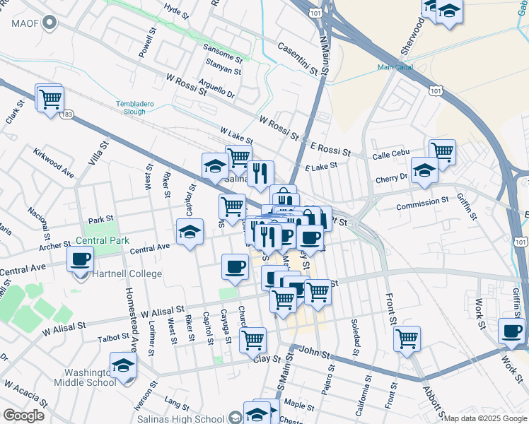 map of restaurants, bars, coffee shops, grocery stores, and more near 19 California 183 in Salinas