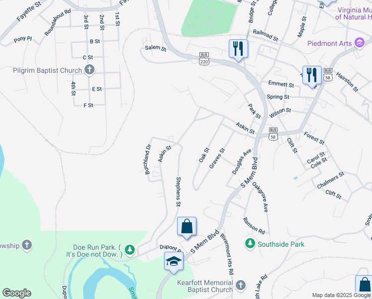 map of restaurants, bars, coffee shops, grocery stores, and more near 101-1115 Stephens Street in Martinsville