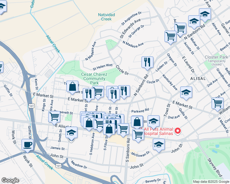 map of restaurants, bars, coffee shops, grocery stores, and more near 765 Elton Place in Salinas