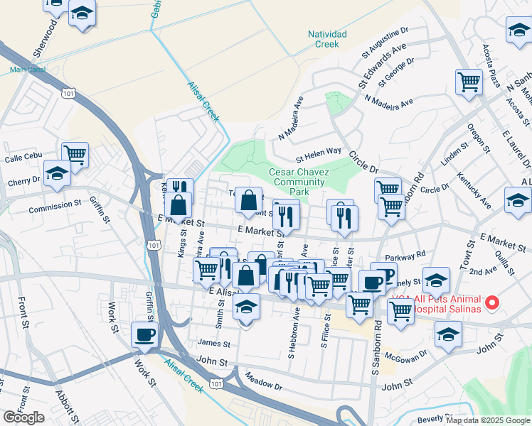 map of restaurants, bars, coffee shops, grocery stores, and more near 645 Fremont Street in Salinas