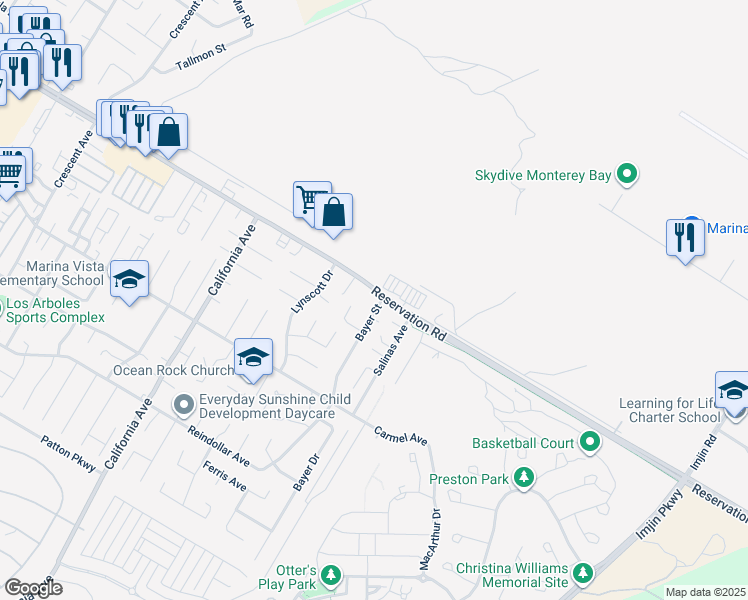 map of restaurants, bars, coffee shops, grocery stores, and more near 474 Reservation Road in Marina