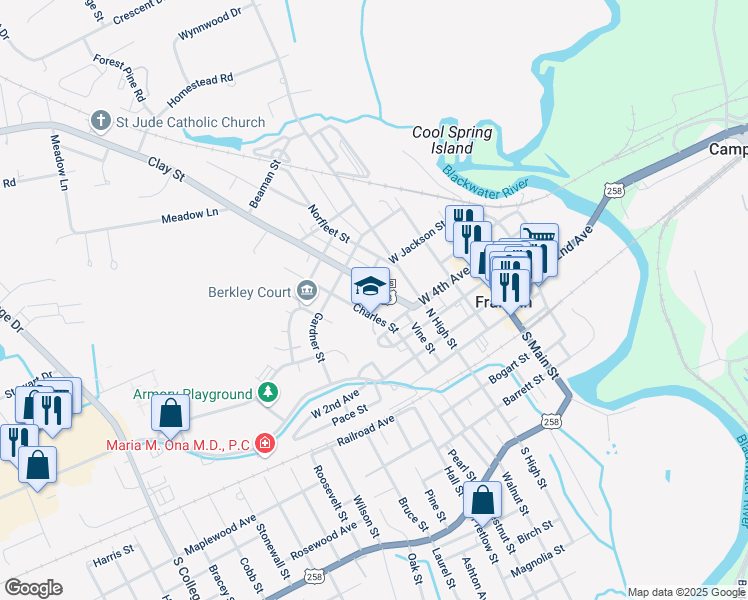map of restaurants, bars, coffee shops, grocery stores, and more near 314 U.S. 58 Business in Franklin