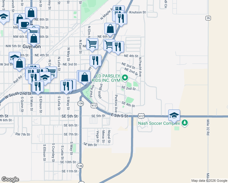 map of restaurants, bars, coffee shops, grocery stores, and more near 113 South Will Rogers Avenue in Guymon