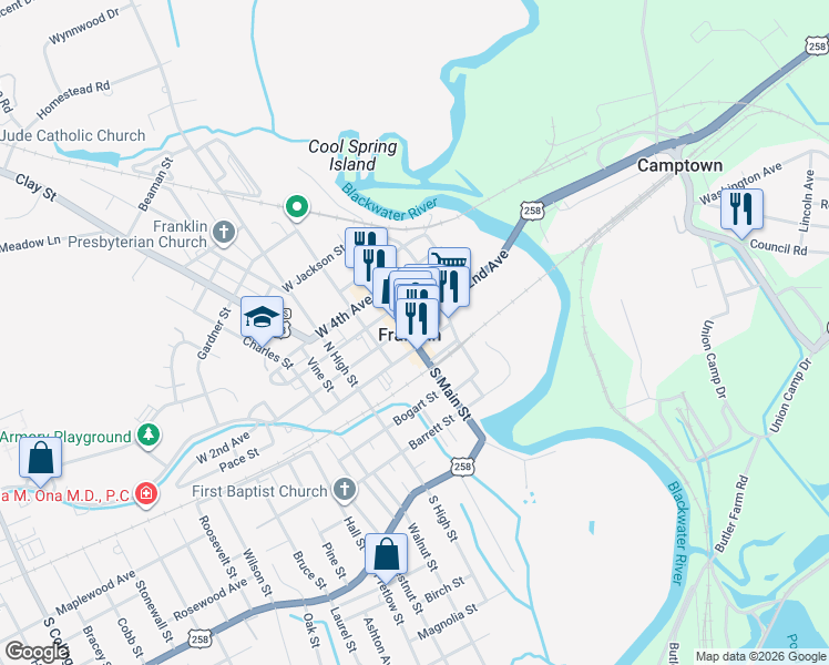 map of restaurants, bars, coffee shops, grocery stores, and more near 209 North Main Street in Franklin