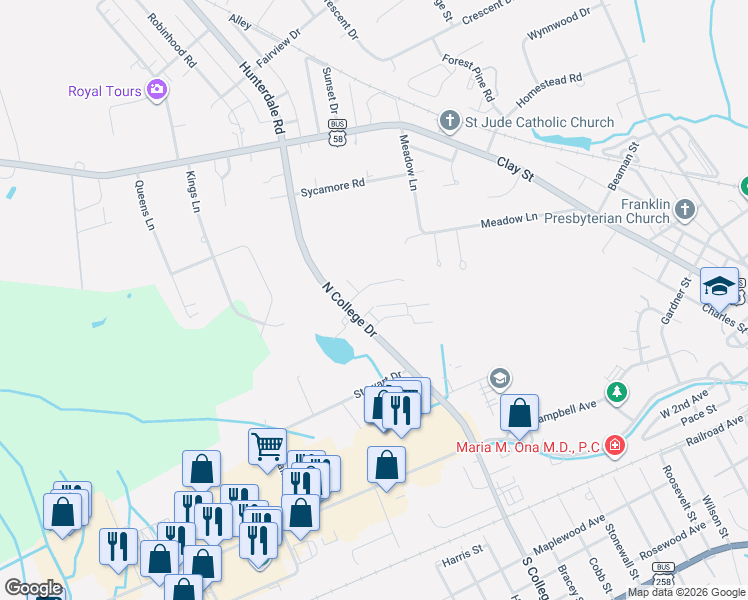 map of restaurants, bars, coffee shops, grocery stores, and more near 376 North College Drive in Franklin