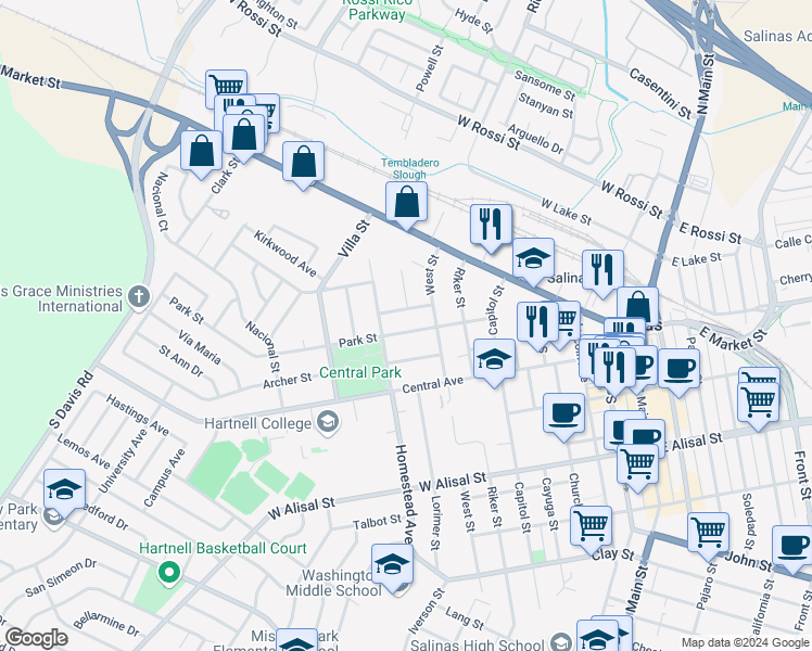 map of restaurants, bars, coffee shops, grocery stores, and more near 326 Park Street in Salinas