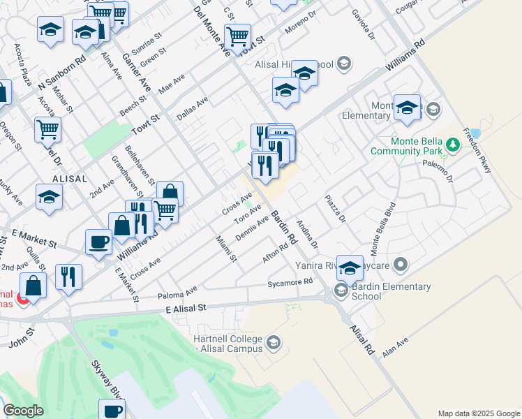 map of restaurants, bars, coffee shops, grocery stores, and more near 272 Toro Avenue in Salinas