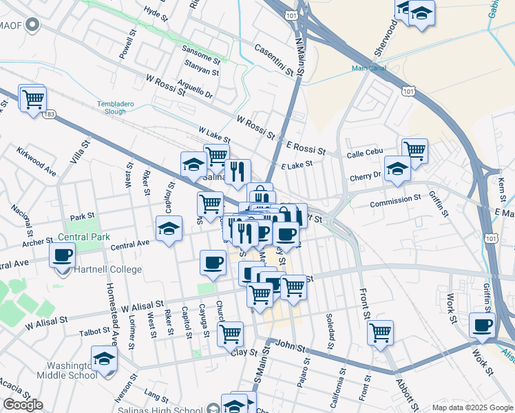map of restaurants, bars, coffee shops, grocery stores, and more near 929 Capistrano Drive in Salinas