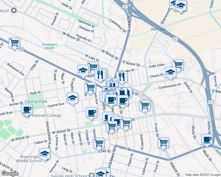 map of restaurants, bars, coffee shops, grocery stores, and more near in Salinas