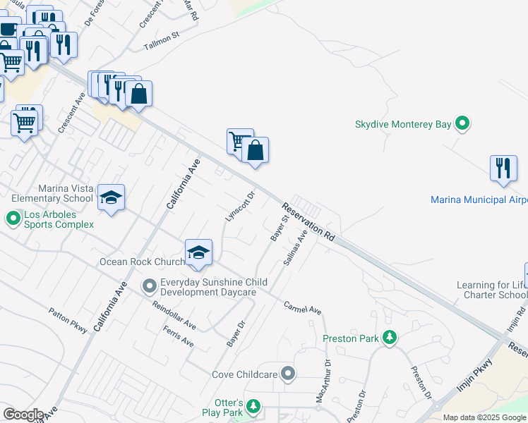 map of restaurants, bars, coffee shops, grocery stores, and more near 474 Reservation Road in Marina