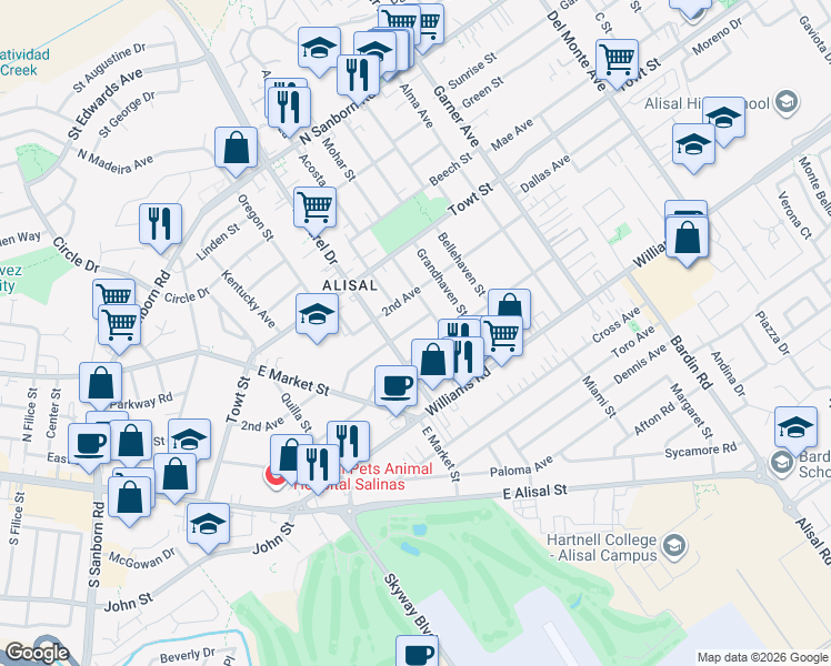 map of restaurants, bars, coffee shops, grocery stores, and more near 403 Midway Avenue in Salinas