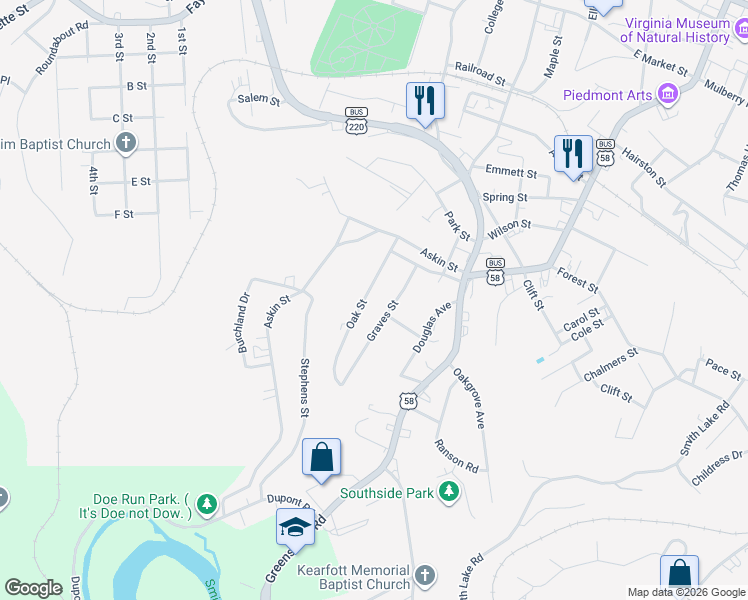 map of restaurants, bars, coffee shops, grocery stores, and more near 1001-1099 Oak St in Martinsville