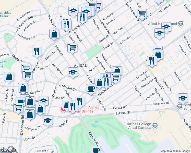 map of restaurants, bars, coffee shops, grocery stores, and more near 403 Midway Avenue in Salinas