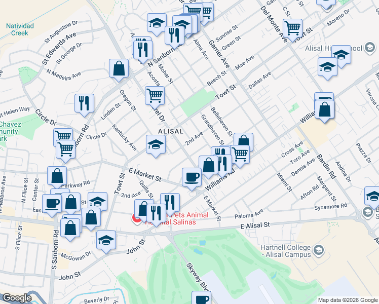 map of restaurants, bars, coffee shops, grocery stores, and more near 403 Midway Avenue in Salinas