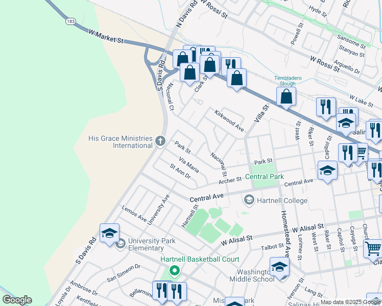 map of restaurants, bars, coffee shops, grocery stores, and more near 660 Park Street in Salinas