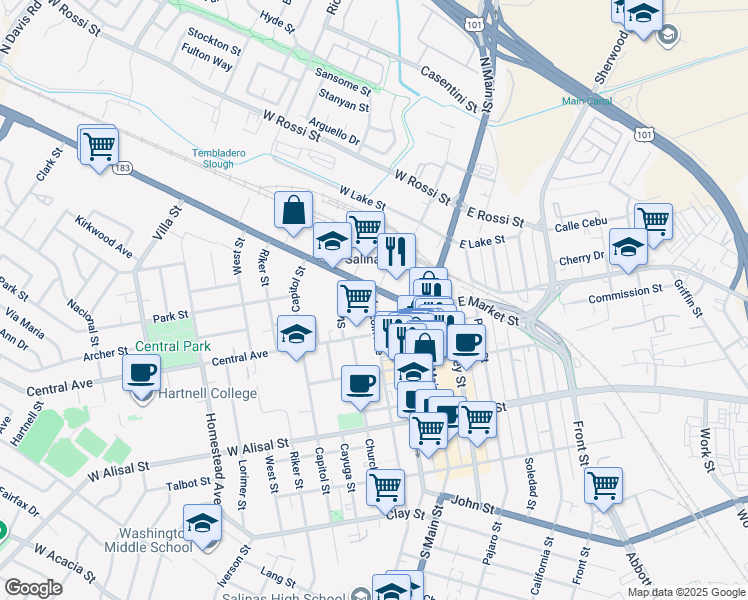 map of restaurants, bars, coffee shops, grocery stores, and more near 25 Lincoln Avenue in Salinas