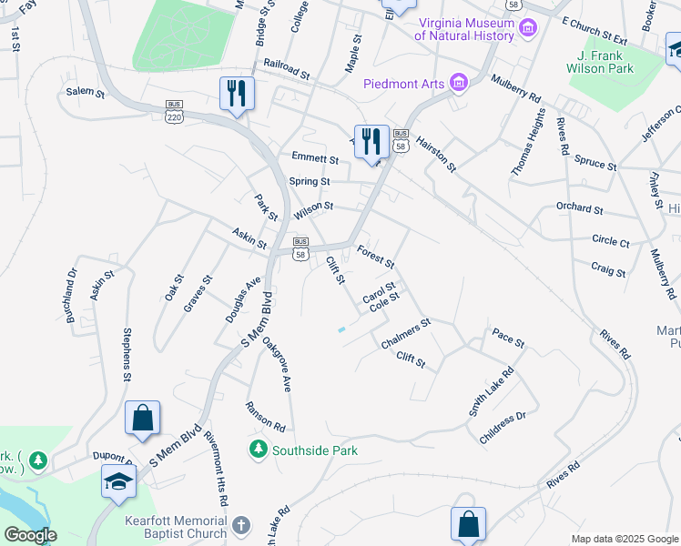 map of restaurants, bars, coffee shops, grocery stores, and more near 315 Clift Street in Martinsville