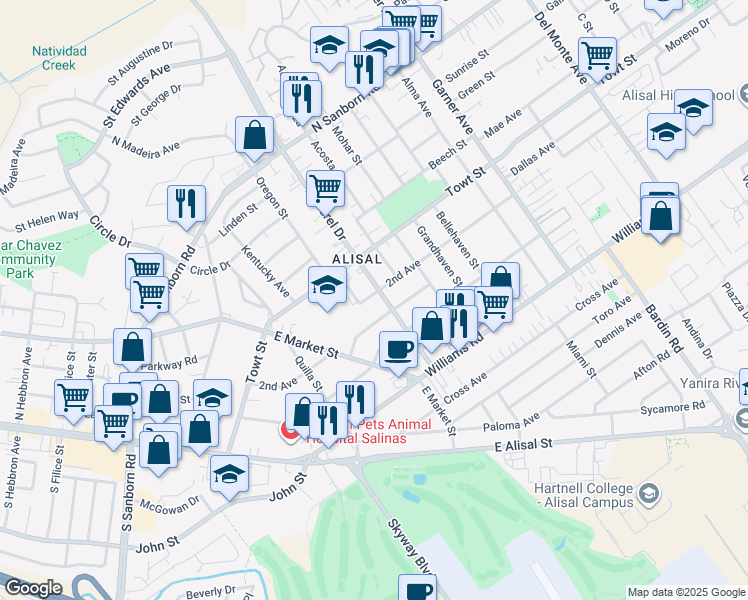 map of restaurants, bars, coffee shops, grocery stores, and more near 1472 2nd Avenue in Salinas